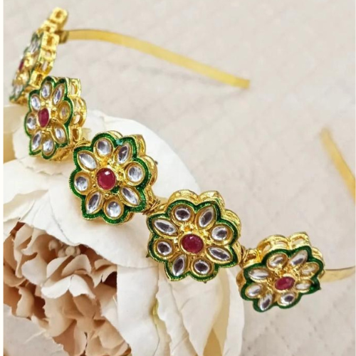 Green-Red Flower Kundan Hairband