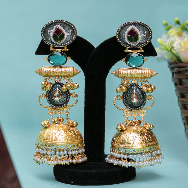 Blue Monalisa Stone Brass Hanging Jhumka